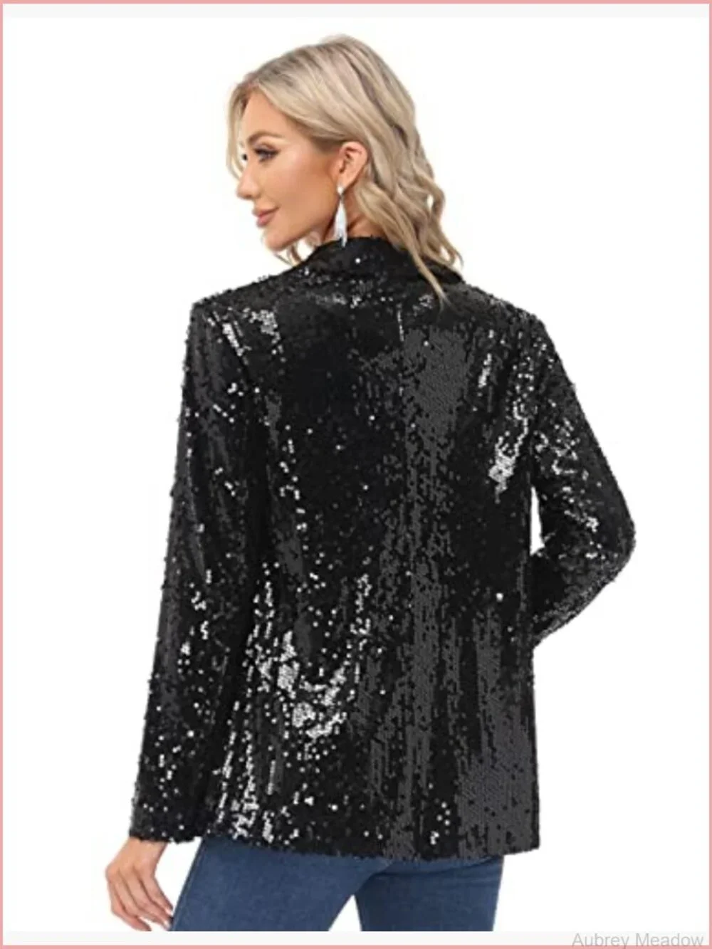 Sequin Open Front Blazer Jacket Long Sleeve Sparkly Cardigan Coat with Pockets